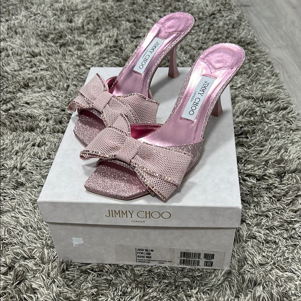 Jimmy Choo Pink Heeled Mules with Glitter Bow